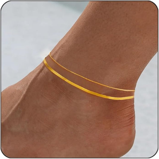 Gold Plated Ankle Bracelets For Women Waterproof,18k Gold Plated Anklets Layered Thin Snake Chain Herringbone Anklets Non Tarnish Stainless Steel Dainty Summer Jewelry Set Gift For Women