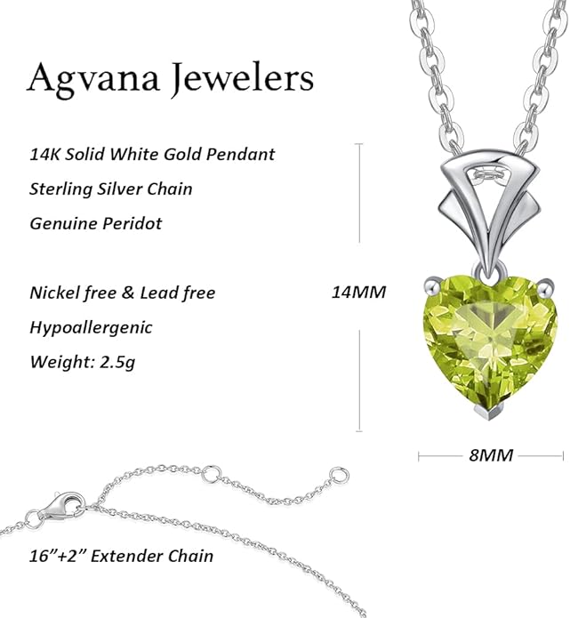 AGVANA Christmas Gifts 14K White Gold Gemstone Pendant with Sterling Silver Chain 8mm Heart Birthstone Necklace for Women Fine Jewelry Anniversary Birthday Gifts for Women Mom Wife Girlfriend Her