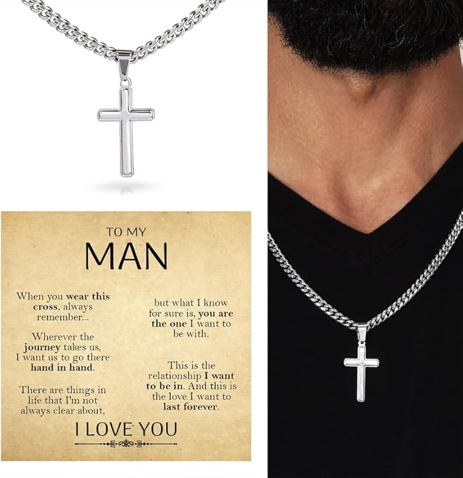 SUTERY Cross Cuban Chain Necklace - Promise Necklace for Him, Necklace for Boyfriend, Mens Necklace for Fiance, Valentine's Day