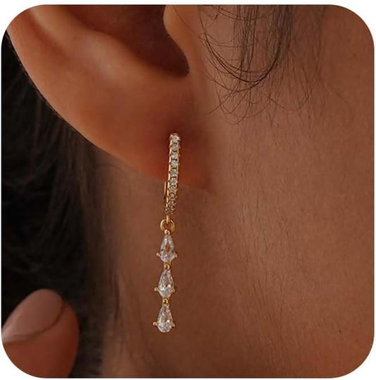 14K Gold Plated Dangle Earrings for Women - Dainty, Trendy, Hypoallergenic CZ Drop Earrings - Simple Long Dangling Jewelry