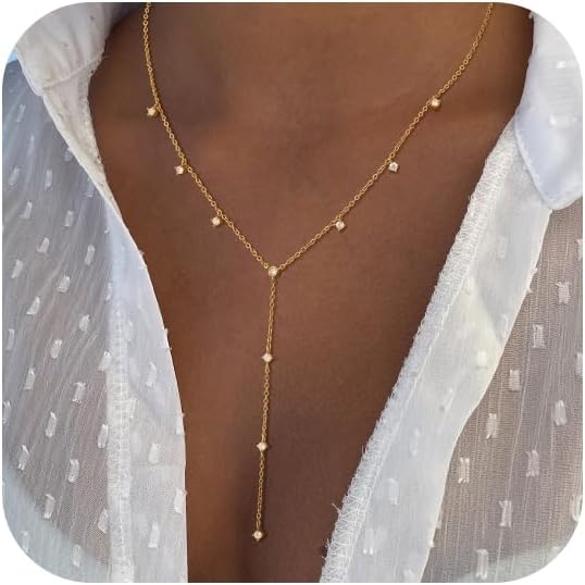 LOVELUCK Long Lariat Necklace for Women,Dainty Layered Y-Shaped Necklaces 14k Gold/Silver Plated Drop Chain Trendy Christmas Jewelry Gifts