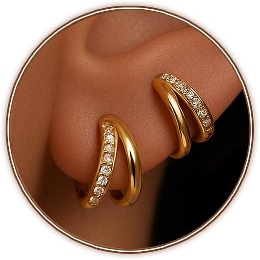 14K Gold Plated Hoop Earrings for Women Triple Huggie Illusion Stud Earring | Double Huggie Hoop Earrings for One Hole | Claw Ear Cuff Earring Jewelry Gift for Women