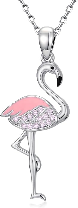 JUSTKIDSTOY Flamingo Necklace 925 Sterling Silver Animal Pendant with Cubic Zirconia Flamingo Bird Necklace Gifts for Women Wife Girlfriend