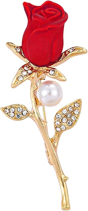 QLUYCKW Rose Flower Brooch Pin for Women Fashion Dainty Gold Plated 3D Red Roses Floral Crystal Brooch Pin Birthday Dress Suit Accessories Jewelry
