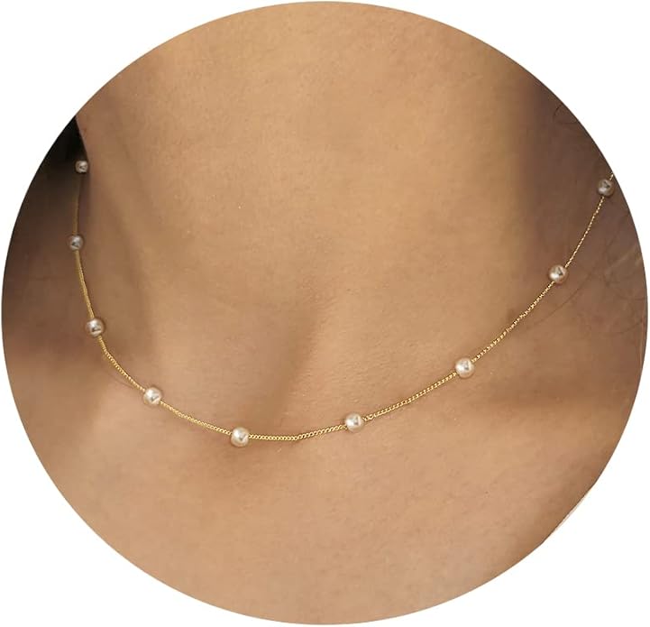 Gold Pearl Necklace for Women, 14K Gold Plated Layered Pearl Necklaces for Women Trendy Simple Herringbone Chain Pearl Necklace for Women Gold Jewelry Gifts