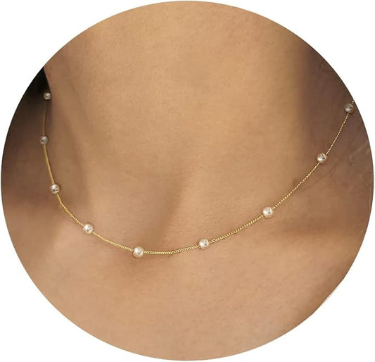 Gold Pearl Necklace for Women, 14K Gold Plated Layered Pearl Necklaces for Women Trendy Simple Herringbone Chain Pearl Necklace for Women Gold Jewelry Gifts