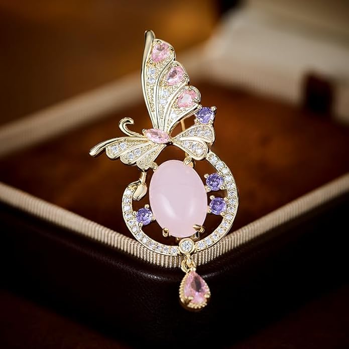 14K Gold Luxury Butterfly Brooch Sparkling Moissanite Accents & Enamel Painted Details, Retro Chic for Cheongsam, Coats & Formal Attire