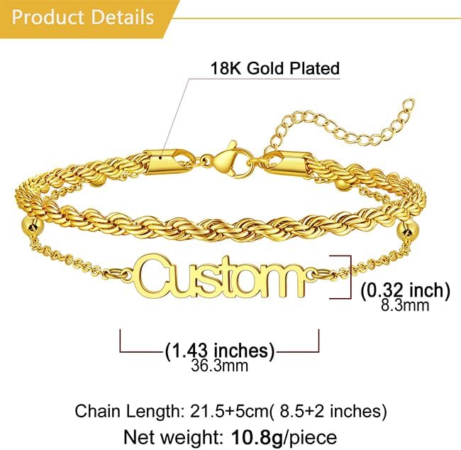 U7 Custom Layered Ankle Bracelets for Women Stainless Steel Bead/Cuban/Figaro/Rope/Wheat Chain Anklet Waterproof Anklet Jewelry for Beach Vacation