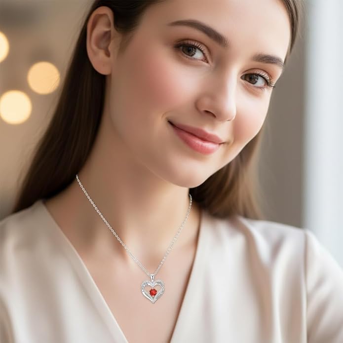 Birthstone Heart Necklace for Women Wife Girlfriend Mom Daughter Gifts S925 Silver Jewelry For Anniversary Rose Gold Gifts For Birthday Christmas Mothers Valentines Day