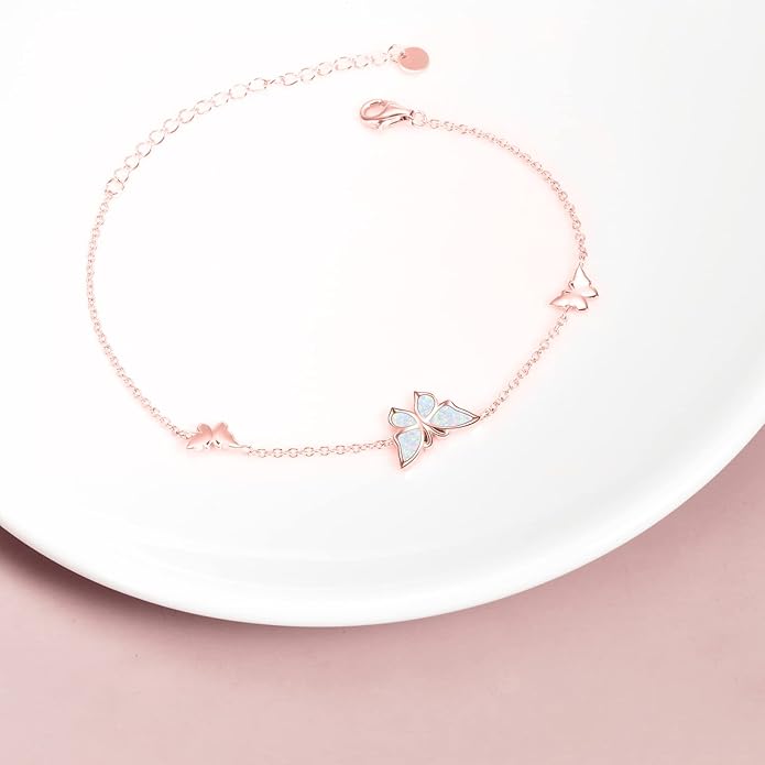 WINNICACA Sterling Silver Butterfly Bracelet Anklet Created Opal Butterfly Jewelry Gifts for Women Birthday Christmas Day Gifts