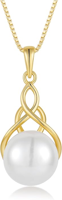 Veshon Celtic Infinity Pearl Pendant Necklace for Women, 925 Sterling Silver Good Luck Irish Pendant with 10MM Freshwater Cultured Pearl, White/Rose/ 14K Gold Plated Jewelry Gift