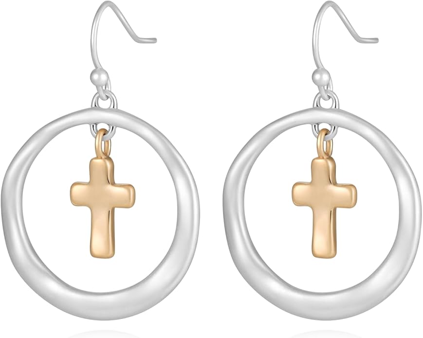 Mixed Metal Earrings, Round Circle Hoop Two Tone Dangle Earrings, Vintage Gold and Silver Geometric Earrings, Handmade Boho Earrings for Women