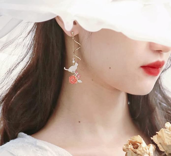 Pink Flower Dangle Earrings for Women Cute Asymmetry Flower Earrings Fairy Statement Summer Refreshing Seaside Idyllic Holiday Earrings