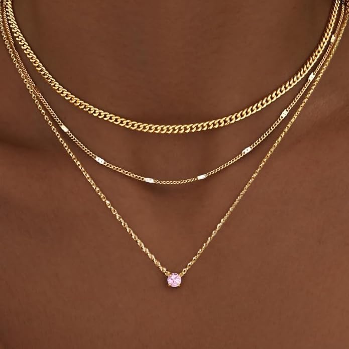 WomenGifts Layered Gold Necklaces for Women, 14K Gold Sterling Silver Plated Dainty Pendant Necklace Set with Cubic Zirconia Circle, Chunky Stackable Cuban Chain Choker, Trendy Personalized Birthstone Jewelry Gift Non Tarnish