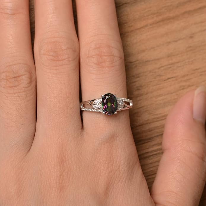 925 Sterling Silver Oval Shaped 8X6 MM Gemstone Ring Leaf Engagement Ring for Women Jewelry