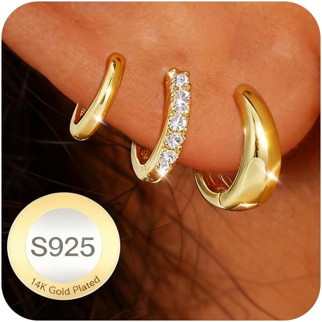 DORANA Valentines Day Gift 3 Pairs 925 Sterling Silver Earrings for Women Girls Non Tarnish Small Hypoallergenic Huggie Hoops Cartilage Stack Earring Sets for Multiple Piercing