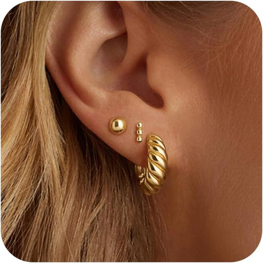Freekiss 3 Pairs Gold Hoop Earrings Set: Dainty Stud Earrings Trendy Small 14K Gold Plated Hypoallergenic Dangle Cartilage Huggie Hoop Earrings for Women Gold Jewelry for Women Gifts