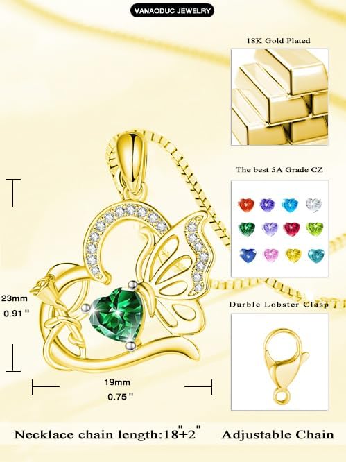 Birthstone Heart butterfly Necklace for Women, Infinity Pendant 14K Gold /18K White Gold Womens Necklaces, Jewelry Anniversary Birthday Christmas Gifts for Her Mom Wife﻿