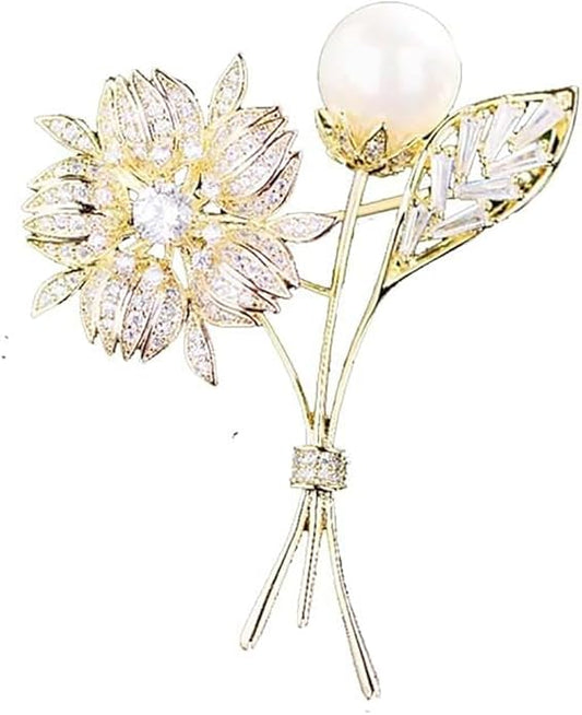 14K Gold Crystal Flower Brooch with Shiny Pearls - Exquisite Floral Pin, Versatile Gift for Mother's Day, Valentine's, or Friendship Celebrations