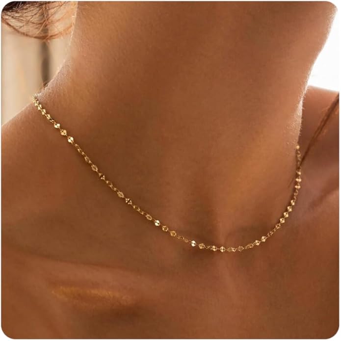 Dainty Chain Necklace for Women, 18K Gold Plated Coin Disc Choker Necklaces Simple Satellite Beaded Twisted Thin Paper Clip Chain Everyday Jewelry Gifts