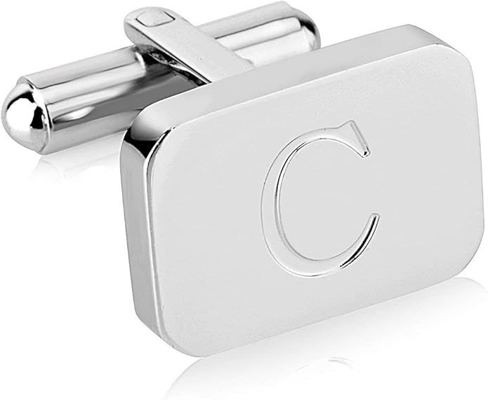 18K White-Gold Plated Initial Engraved Stainless Steel Men’s Cufflinks With Gift Box -Personalized Alphabet Letter’s A-Z By Lux & Pair