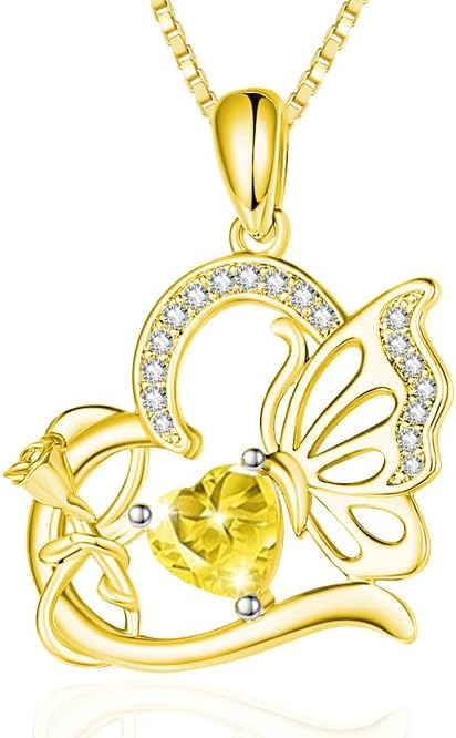 Birthstone Heart butterfly Necklace for Women, Infinity Pendant 14K Gold /18K White Gold Womens Necklaces, Jewelry Anniversary Birthday Christmas Gifts for Her Mom Wife﻿