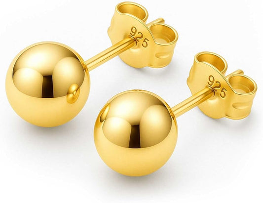 KEZEF Sterling Silver Ball Stud Earrings Hypoallergenic Earrings for Women | Available in Sterling Silver, Rose Gold, or 14K Gold Plated Silver (2mm-10mm)