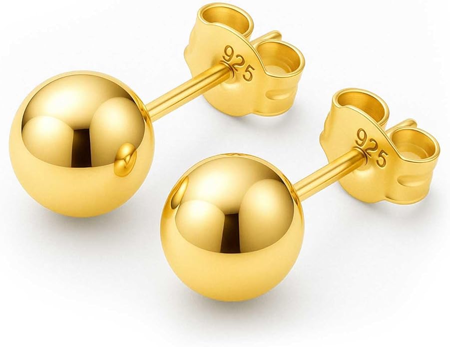 KEZEF Sterling Silver Ball Stud Earrings Hypoallergenic Earrings for Women | Available in Sterling Silver, Rose Gold, or 14K Gold Plated Silver (2mm-10mm)