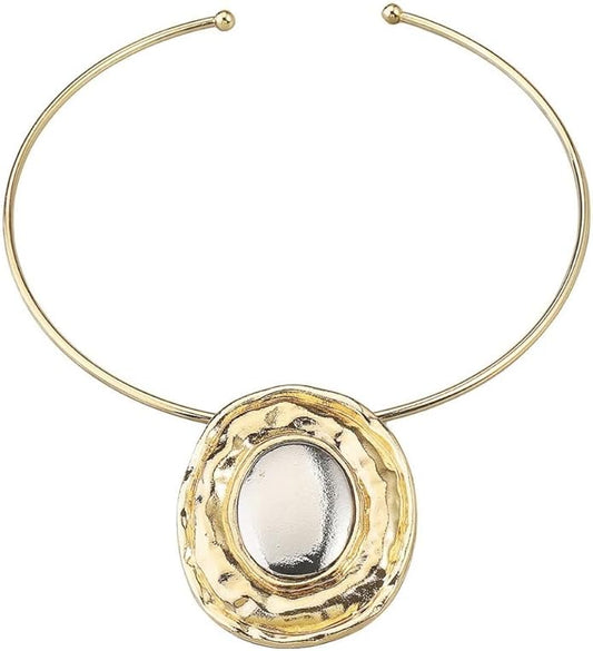 Fashion Chunky Statement Necklaces - African Choker Necklace with Gold Oval Pendant,Tribal Collar Necklace Hammered Metal Jewelry for Women