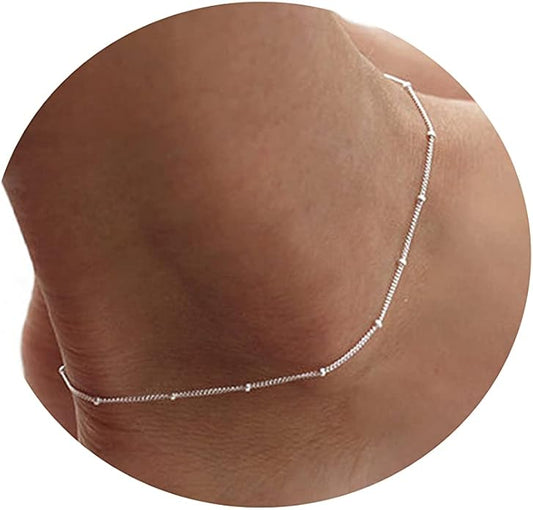 Pencros Dainty Layered Anklet,14K Gold Filled Cute Beads Satellite Chain Heart Boho Adjustable Anklets for Women