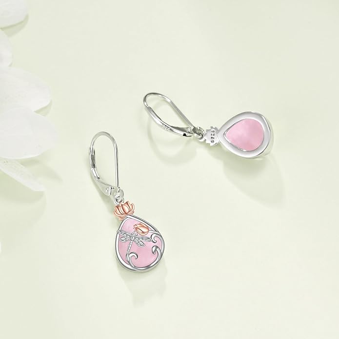 AOBOCO Butterfly/Dragonfly/Bee/Ladybug Leverback Earrings 925 Sterling Silver Rose Lotus Tulip Flower Filigree Dangle Earrings Teardrop Moonstone Larimar Turquoise Abalone Shell Jewelry Birthday Gifts for Women