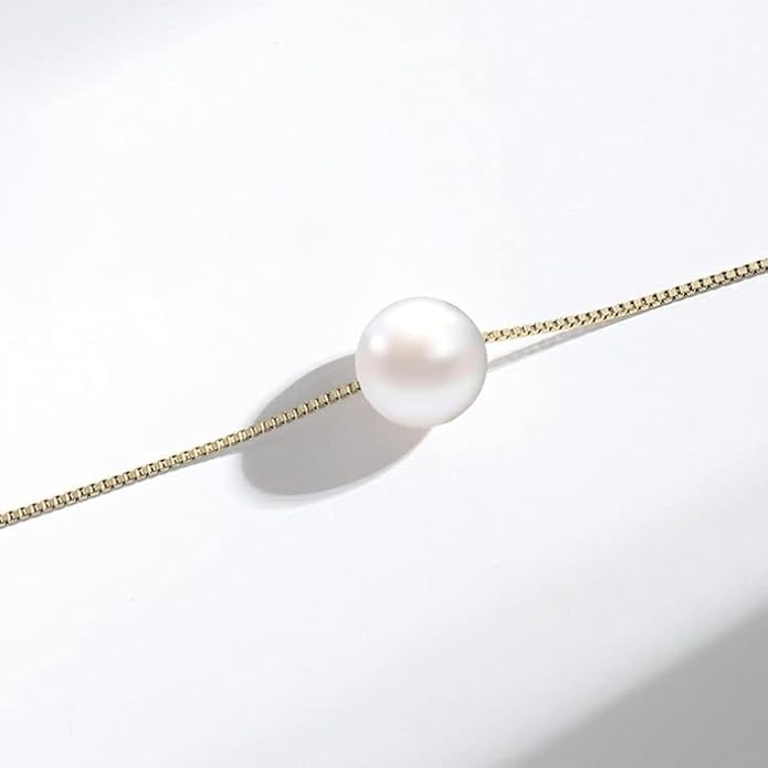 Solid 14K Gold Over 925 Silver Pearl Necklace for Women,Dainty Freshwater Cultured White Pearl Pendant Necklace,Fashion Jewelry Gift for Her