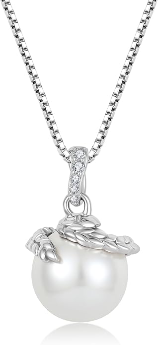 Fahonie Pearl Necklace for Women 925 Sterling Silver Pearl Drop Pendant Necklace Dainty Pearl Necklace with CZ Birthday Anniversary Jewelry Gifts for Wife Her