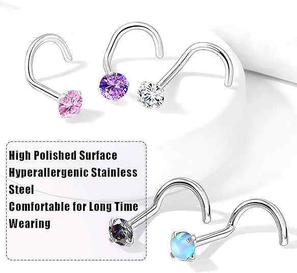 Nose Rings Studs: 8Pcs 20G Gold/Silver 316L Surgical Stainless Steel Nose Studs Hypoallergenic Corkscrew Nose Piercing Stud Jewelry for Women Men Clear Cubic Zirconia Imitation Diamond Top Size 1.5mm 2mm 2.5mm 3mm
