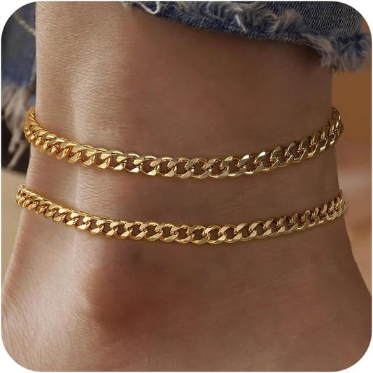 Ritach Ankle Bracelets for Women - Silver/Gold Plated Stainless Steel Anklets for Women Waterproof Layered Cuban Link Figaro Chain Heart Anklets Set Summer Beach Jewelry Gifts