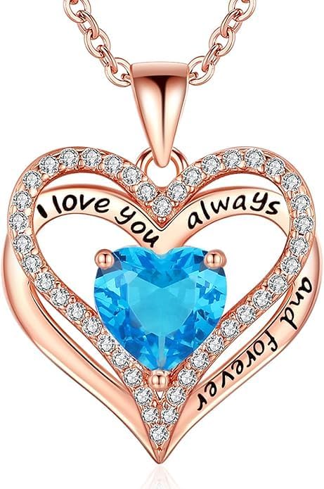Birthstone Heart Necklace for Women Wife Girlfriend Mom Daughter Gifts S925 Silver Jewelry For Anniversary Rose Gold Gifts For Birthday Christmas Mothers Valentines Day