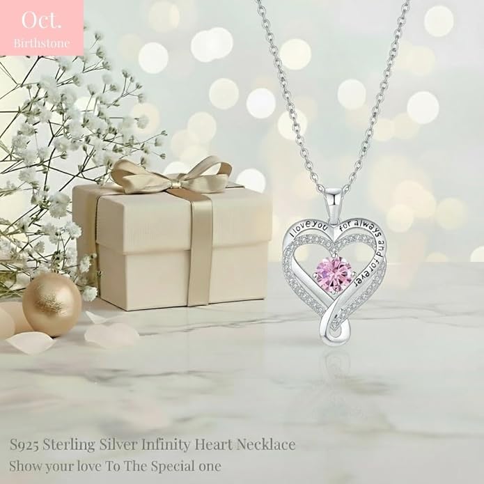 Birthstone Infinity Heart Necklace for Women Wife Girlfriend Mom Daughter Gifts S925 Silver Jewelry For Anniversary Rose Gold Gifts For Birthday Christmas Mothers Valentines Day