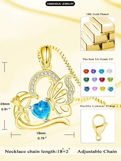 Birthstone Heart butterfly Necklace for Women, Infinity Pendant 14K Gold /18K White Gold Womens Necklaces, Jewelry Anniversary Birthday Christmas Gifts for Her Mom Wife﻿