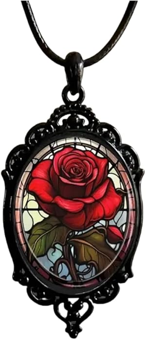 Gothic Rose Glass Necklace for Women Vintage Satan Demon Pendant Halloween Roses Necklaces Dark Punk Style Necklace Victoria Emboss Necklaces Mystic Witch Jewelry Gift Accessories