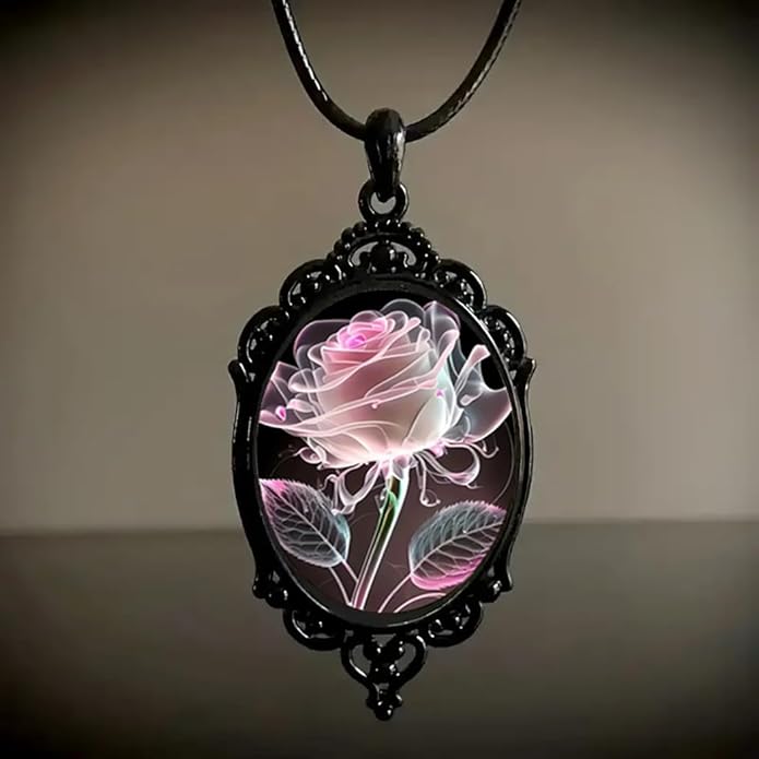 Gothic Rose Glass Necklace for Women Vintage Satan Demon Pendant Halloween Roses Necklaces Dark Punk Style Necklace Victoria Emboss Necklaces Mystic Witch Jewelry Gift Accessories