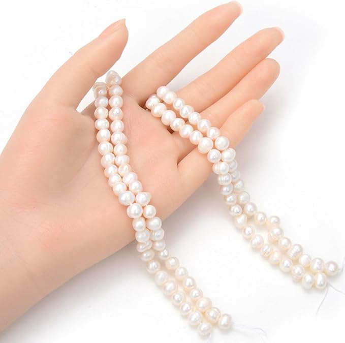 Adabele 2 Strands Real Natural Potato Round White Cultured Freshwater Pearl Loose Beads 7-8mm for Jewelry Craft Making (28 Inch Total) FP4-78