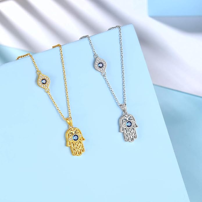 Evil Eye Necklace Evil Eye Hamsa Hand of Fatima Necklace 925 Sterling Silver Fine Jewelry Gifts for Womens White Blue CZ Third Eye Stud Earrings Turkish Eye Ring Hamsa Hand Jewelry Set Gifts Valentine Day Chrismtas Gifts