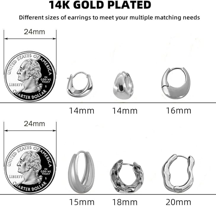 6 Pairs Gold Hoop Earrings Set for Women, 14K Gold Plated Huggie Chunky Earring Variety Pack, Hypoallergenic Thick Jewelry Gift
