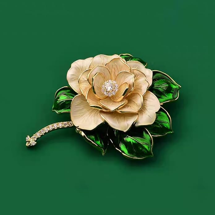 Rhinestone Camellia Brooch Pin – Gold Plated | Charming Gift for Mom & Wife on Thanksgiving, Birthdays & Weddings