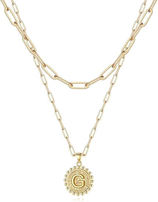Ursteel Layered Initial Necklaces for Women, 14K-Gold-Plated Dainty Layering Paperclip Chain Necklaces for Women Jewelry