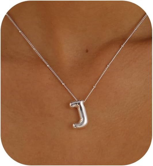 Initial Necklaces for Women, 14k Gold Plated Bubble Letter Necklace Chunky Gold Necklace Dainty Charm Initial Necklaces for Women Trendy Custom Preppy Stocking Stuff Necklace Christmas Gifts