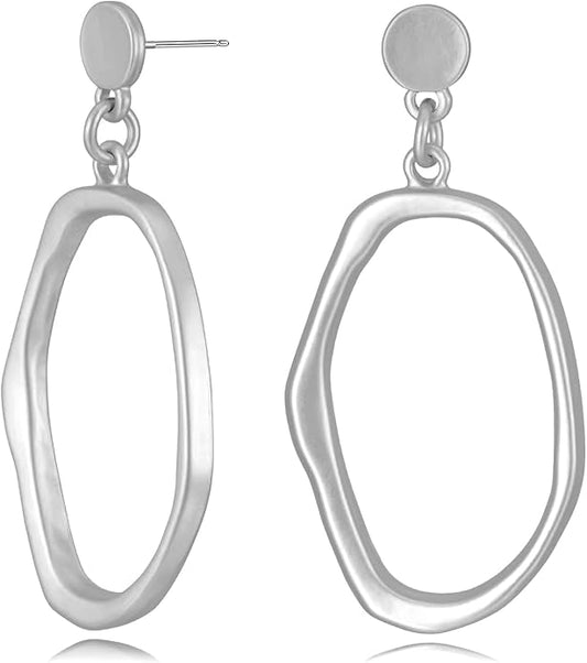 Stud Earrings for Women 14k Gold Plated Geometric Dangle Earrings Lightweight Minimalist Handmade Hammered Texture Oval Disc Drop Double-layer Big Hoop Dangle Earrings for Women