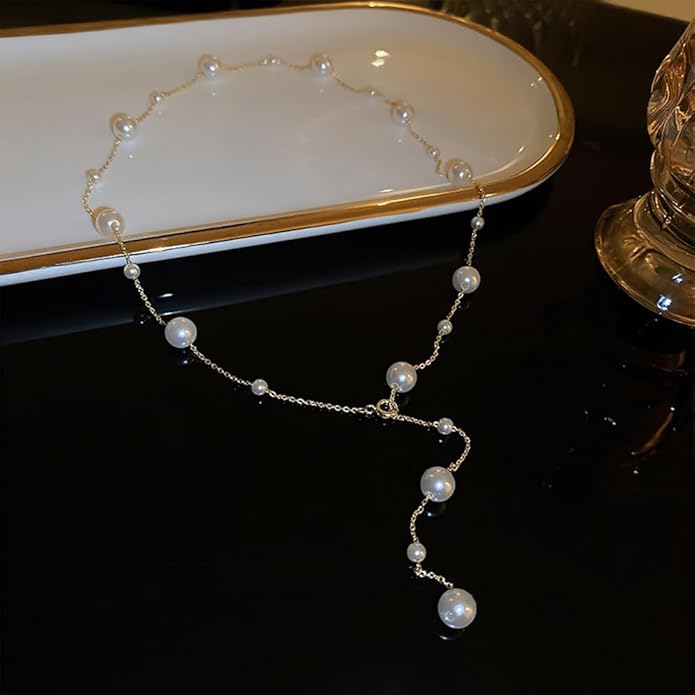 Boho Pearl Y Shape Necklaces for Women, Dainty 14k Gold Plated Pearl Beaded Chain Choker Necklace Trendy Jewelry Accessories Gift