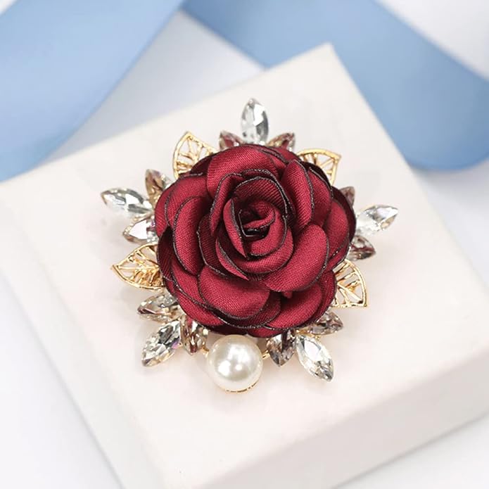 Elegant Rose Flower Brooch Pin for Women Men Wedding Party Gentleman's Essentials Handmade Imitation Crystal Pearl Fabric Flower Lapel Pin Dress Suit Accessories Boutonniere Ideas Gift