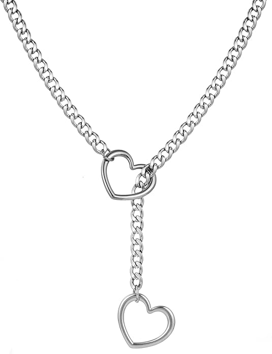 Heart Slip Chain Necklaces for Women,Stainless Steel O-Ring Adjustable Lariat Y-Necklace,Punk Gothic Cuban Collar Choker Necklace for women